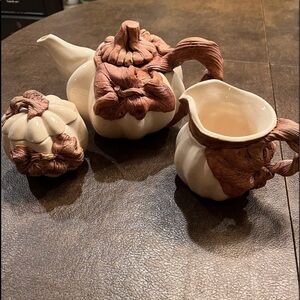 Artisan Signed Pumpkin Ceramic Teapot, Sugar Bowl and Creamer